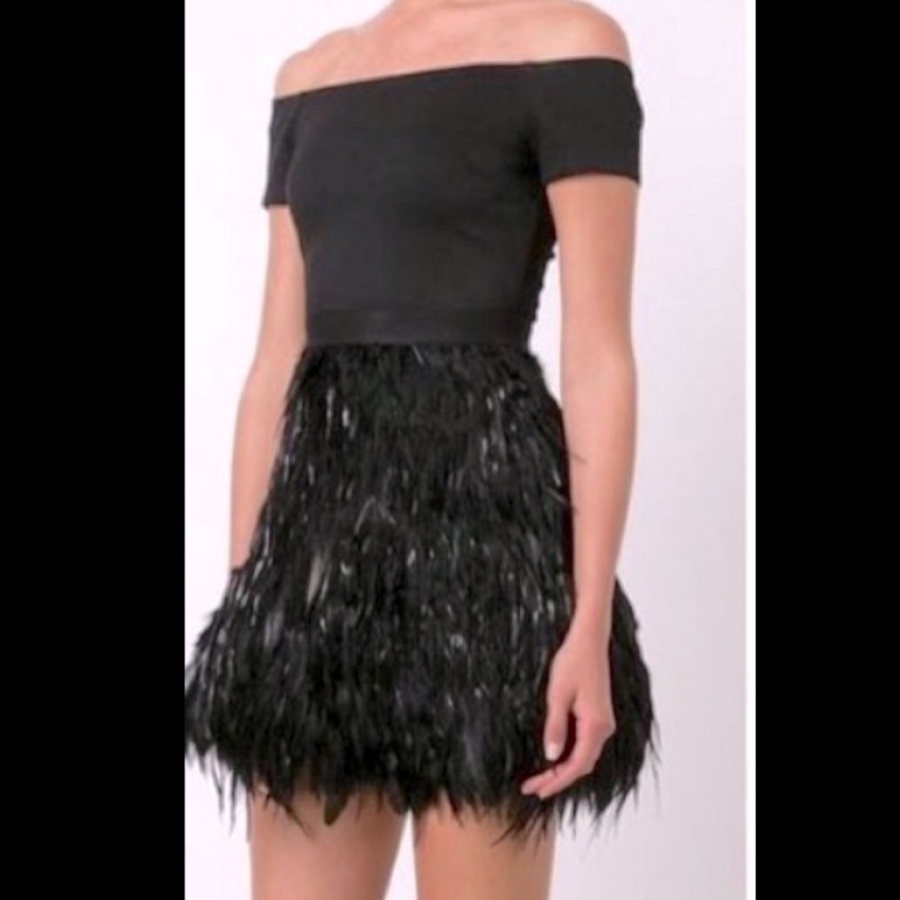 Alice & Olivia black feather skirt cocktail party dress